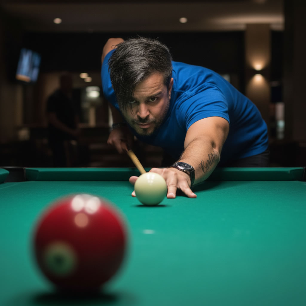 Santiago Cortes playing billiard, lifestyle photo of Swiss DJ and producer