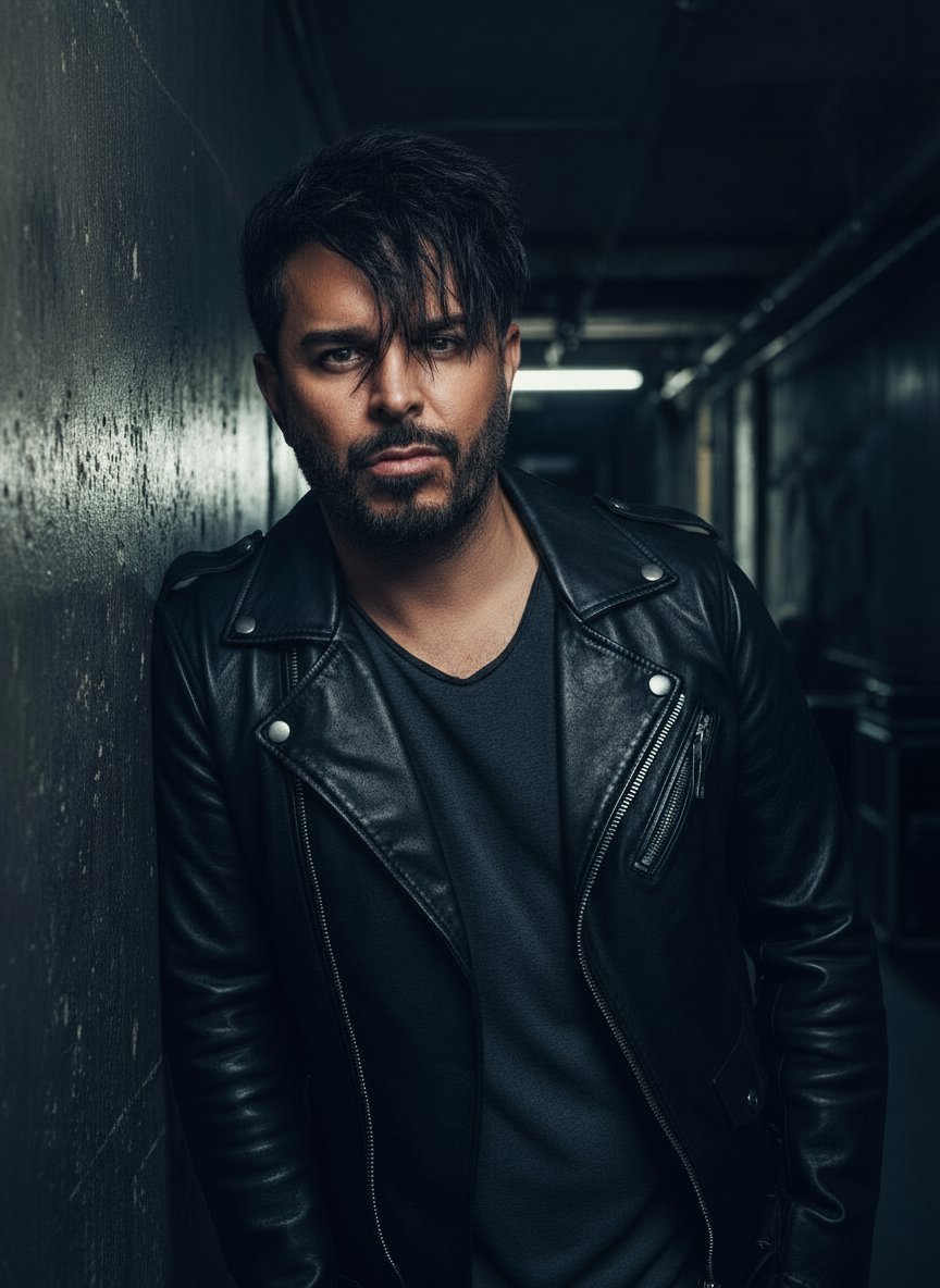 Santiago Cortes dark DJ press photo and electronic music producer portrait